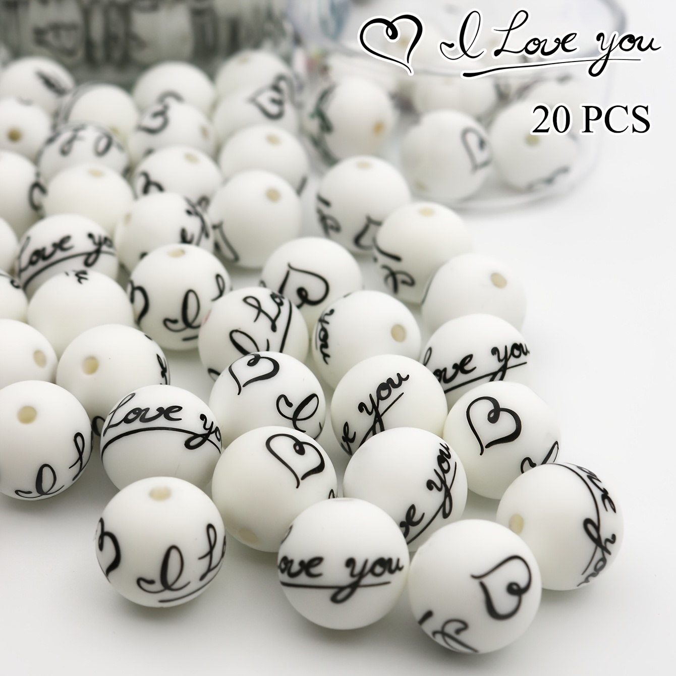 Image of 20pcs Silicone Beads, 15mm Soft "i Love You" Round Beads For Jewelry, Mother's Day & Valentine's Day Celebration Gift, Handmade Bracelet, Necklace, Keychain Crafting, Bulk Pack