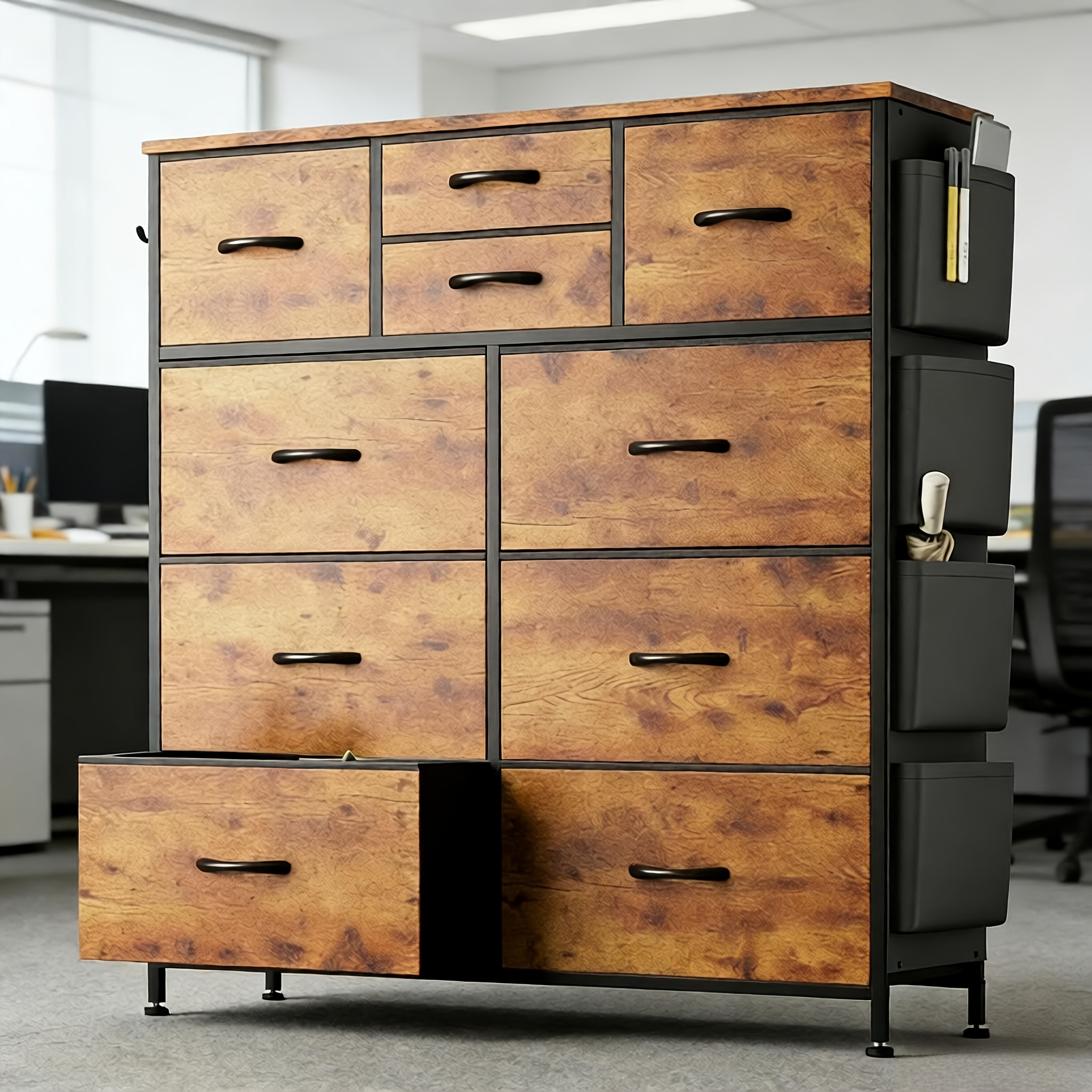 Storage Cabinet, Office File Cabinet, Large Capacity Multi-Layer Drawer And Side Storage, Side Bag, Metal Frame, Stable Storage Cabinet