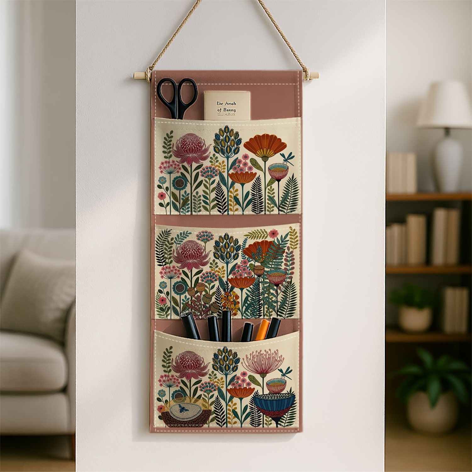 TEMU 1pc - Scandinavian Botanical - Practical Hanging Organizer Storage, Nordic Pattern, This Hanging Storage Pocket Is Ideal For Office Living Room
