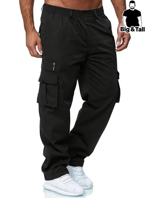 mens plus size casual cargo pants with pockets 100 polyester non stretch solid color regular trousers