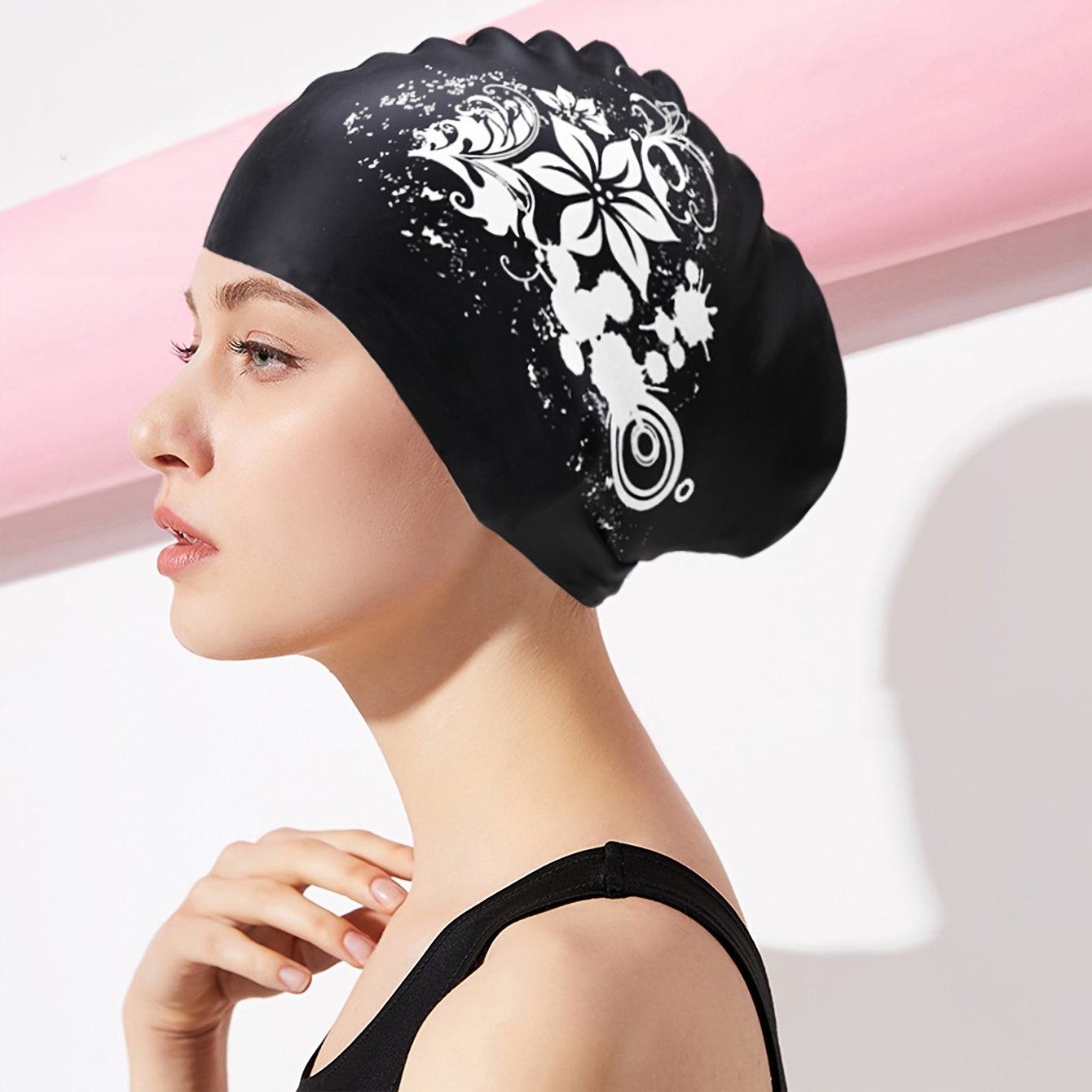TEMU Women's Long Hair Swim - Silicone, Waterproof & Non-slip, Swimming & Diving, Black With , Long Hair Protection|floral Swim Cap|silicone Swim