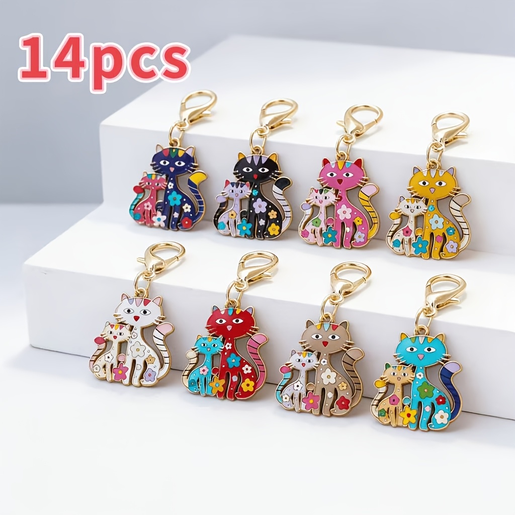 TEMU 14pcs Random Style Parent- Cat Keychain Set, Cat-shaped Keychains, Cute Women's Bag Charms, Fashionable Accessories, Elegant And Charming Key
