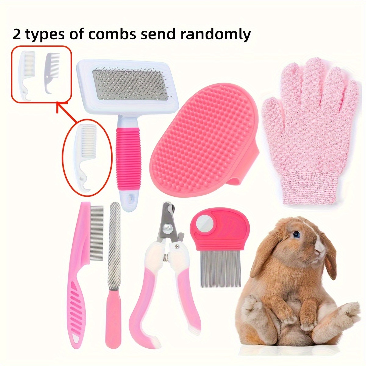 

8pcs Small Animal Grooming Kit, Rabbit Pet Nail Clipper And File Flea Comb, Pet Shampoo Bath Brush, Pet Shedding Nail Cutter, Bath Massage Gloves, Cleaning Comb