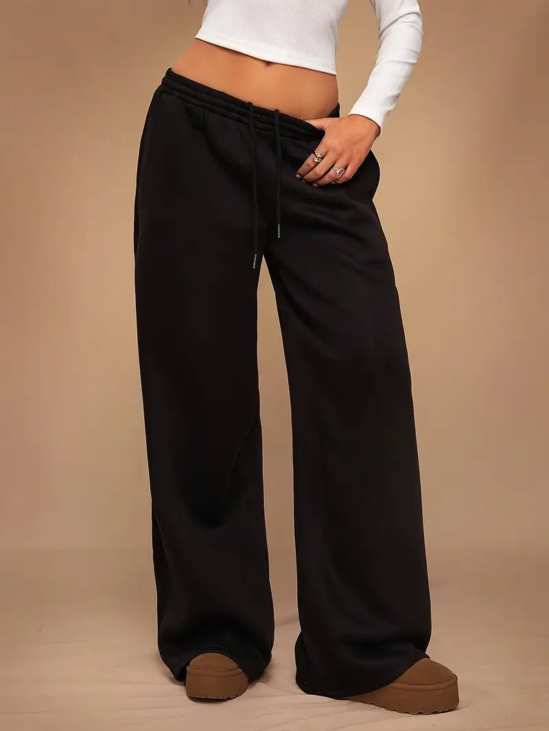 Women's High-Waisted Elastic Waist Jogger Pants - Relaxed Fit Wide-Leg Sweatpants with Drawstring, Solid Color Casual Lounge Pants for * * Women's High-Waisted Elastic Waist Jogger Pants - Relaxed Fit Wide-Leg Sweatpants with Drawstring, Solid Color Casual Lounge Pants for * *