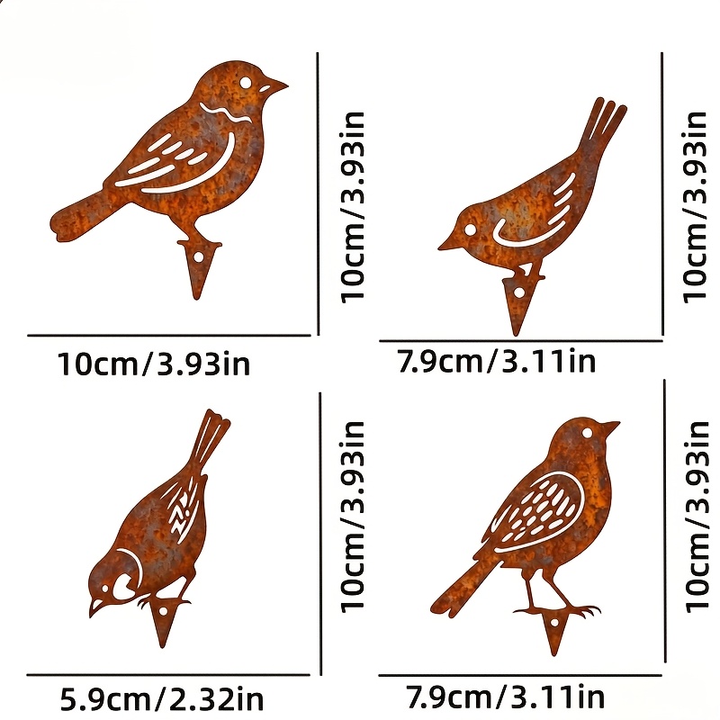 E-shop Vier rostige Vogel Garten Dekorationsstatuen, Metall Vogel Silhouette Gartenstecker, Zaunverzierungen, Ideal für Hof Garten Rasen Dekoration,