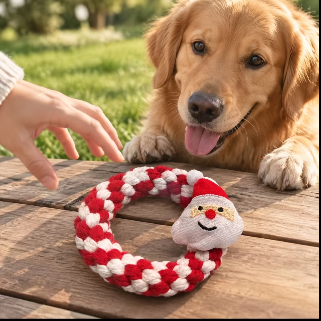 TEMU Premium Christmas Santa Claus Dog Leash Toy, Red And White Hand-woven Santa Claus Wreath Ring With Plush Christmas Head, Toss And Interactive