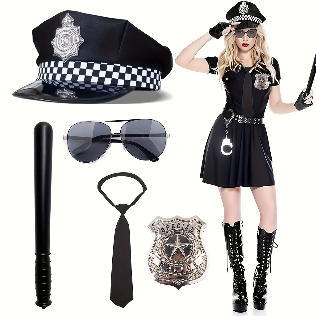 

5pcs Chic Women's Police Cosplay Costume Set - Includes Dress, Hat, Fashion Glasses & Accessories For & Themed Parties