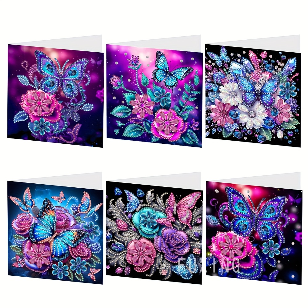 TEMU 6-delige Diamond Painting Set, 5D Wenskaart - Vlinderontwerp met Unieke Irregulaire Acryl Diamanten, Handgemaakte Glanzende Kaart, Geschikt voor