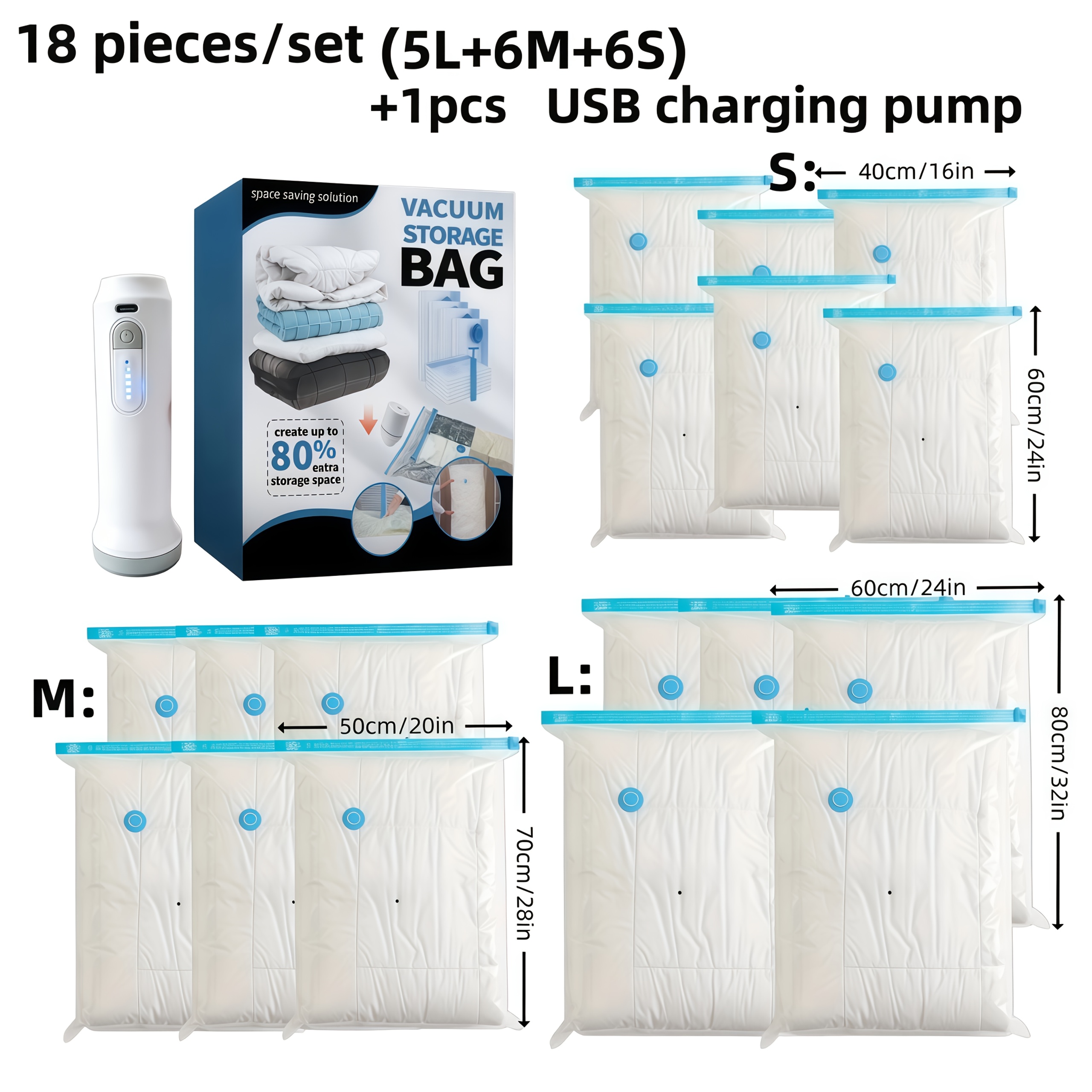 TEMU 18pcs Set - Upgraded Vacuum Compression Bags And Hand Roll Bags (vacuum Storage Bags) With Usb Electric Air Pump, Charging Cable Included,