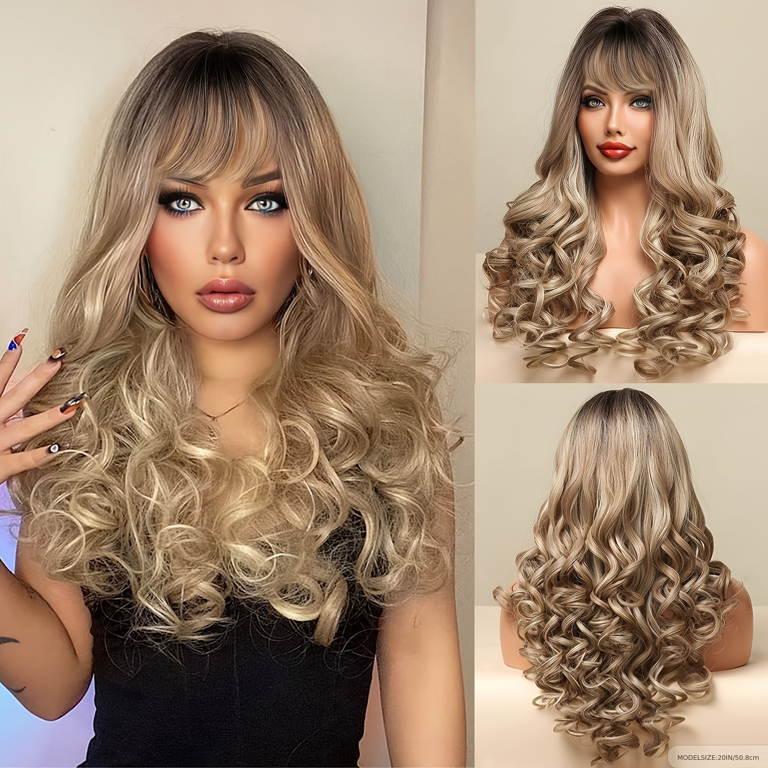 

Elegant Ufine 20-inch Blonde Ombre Wig With Bangs For Women - Loose Wave, High-density 150% Cap, For Daily & Party Use, Wig|shoulderlength Wig|hightemperature Silk, Wig Accessories