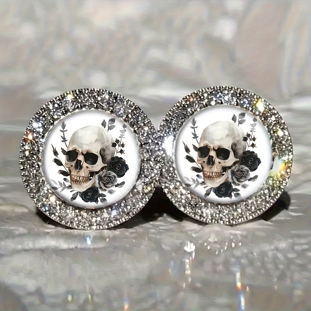 TEMU Sparkling Skull Rose Black And White Floral Earrings, Exquisite Inspirational Jewelry For Fashionable Wear, Ideal Gift And Fashion Trend , ,