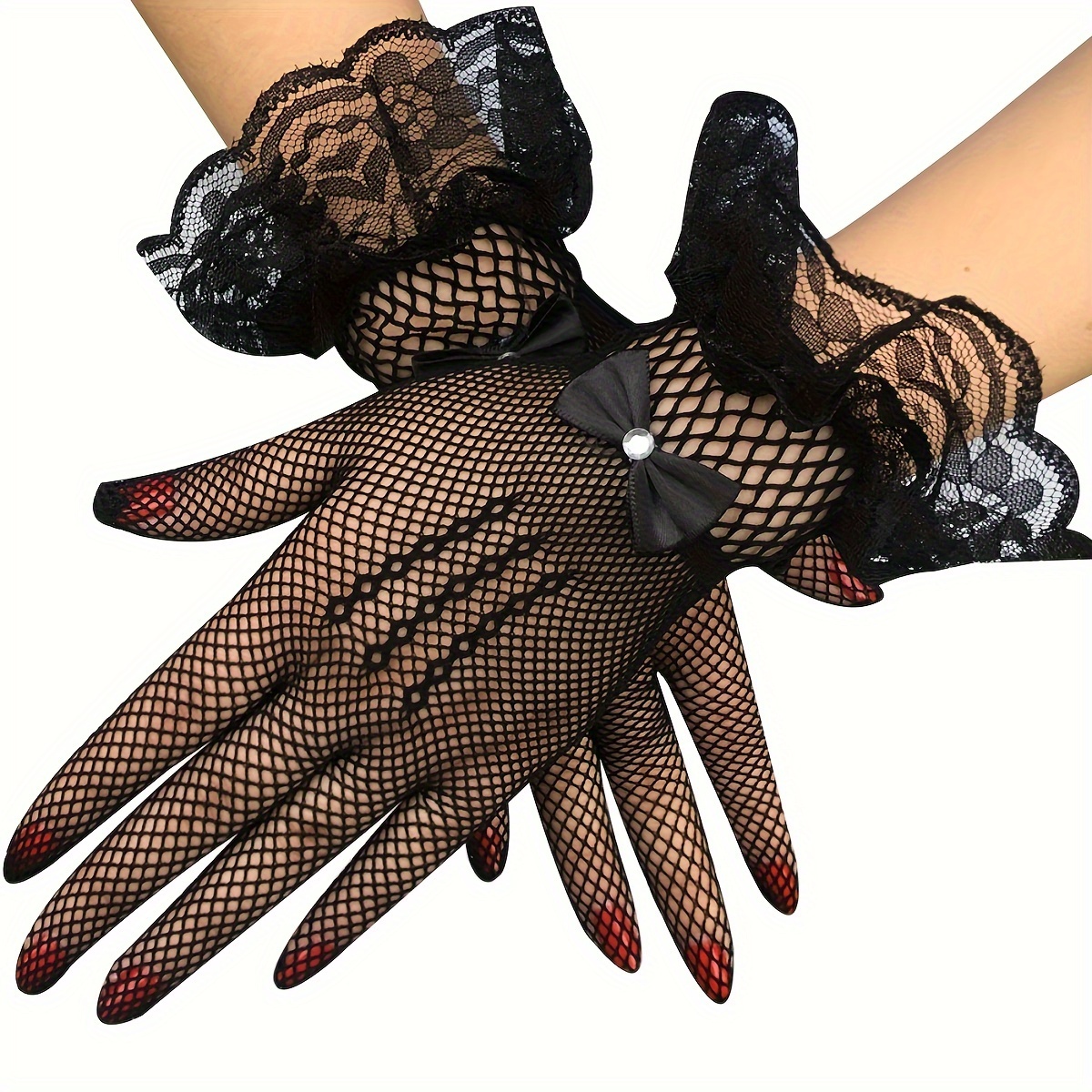 

Elegant Short Fishnet Gloves With Sparkling Bow - Lace Trim, Breathable Polyester For Weddings & Stage Performances