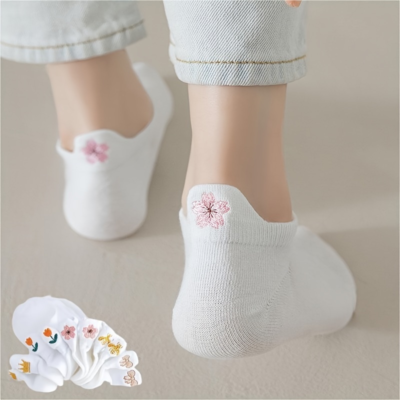 

5 Pairs Cute Floral Embroidered Ankle Socks, Comfy & Breathable Short Socks, Women's Stockings & Hosiery