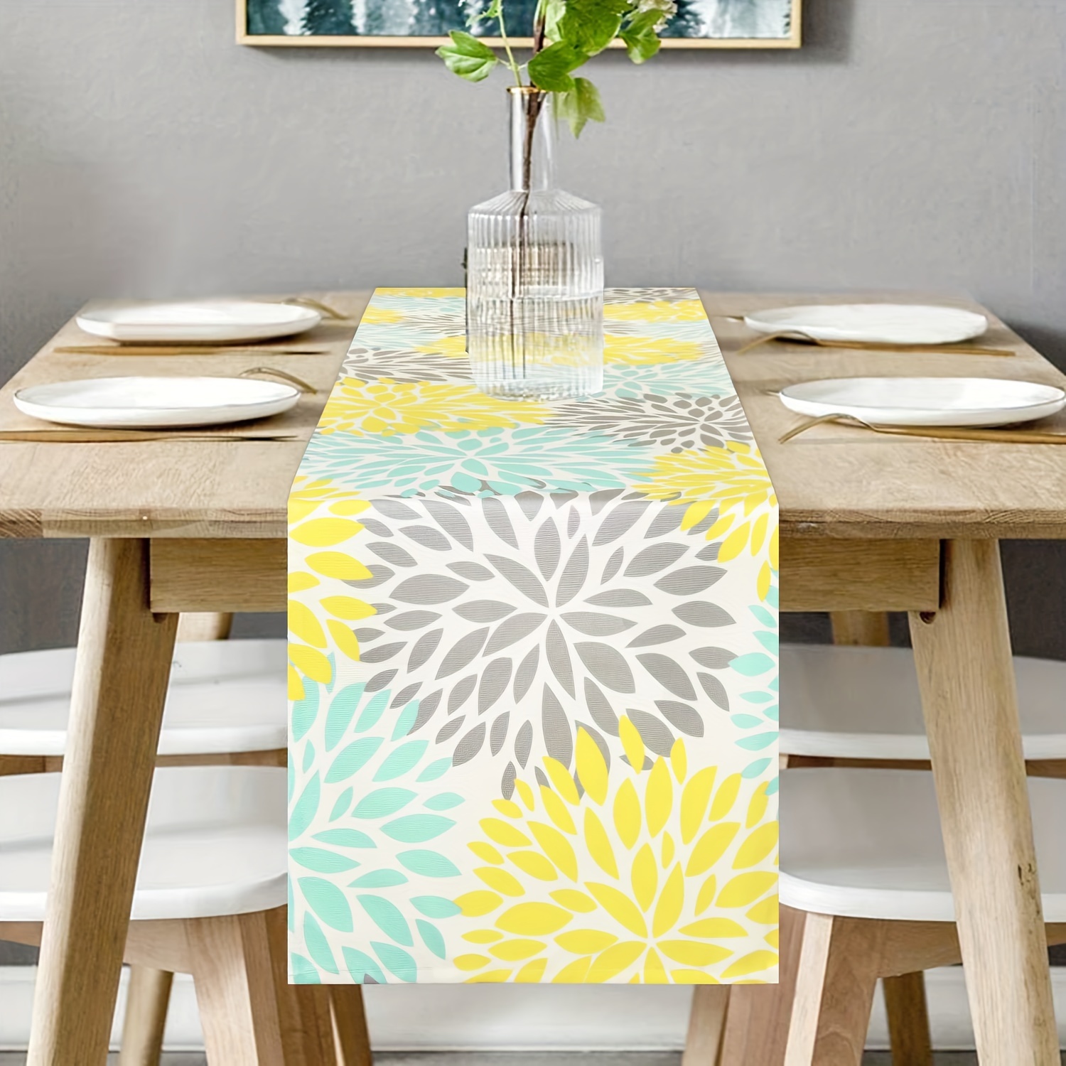 Dahlia Pinnata Table Runner Yellow Gray Print Flower Printed Temu