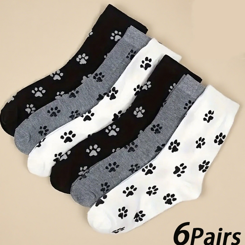 6-pair Pack Mid-calf Socks - Korean Academy Style Women's Cute Dog Paw Mid-calf Socks 6-pair Pack