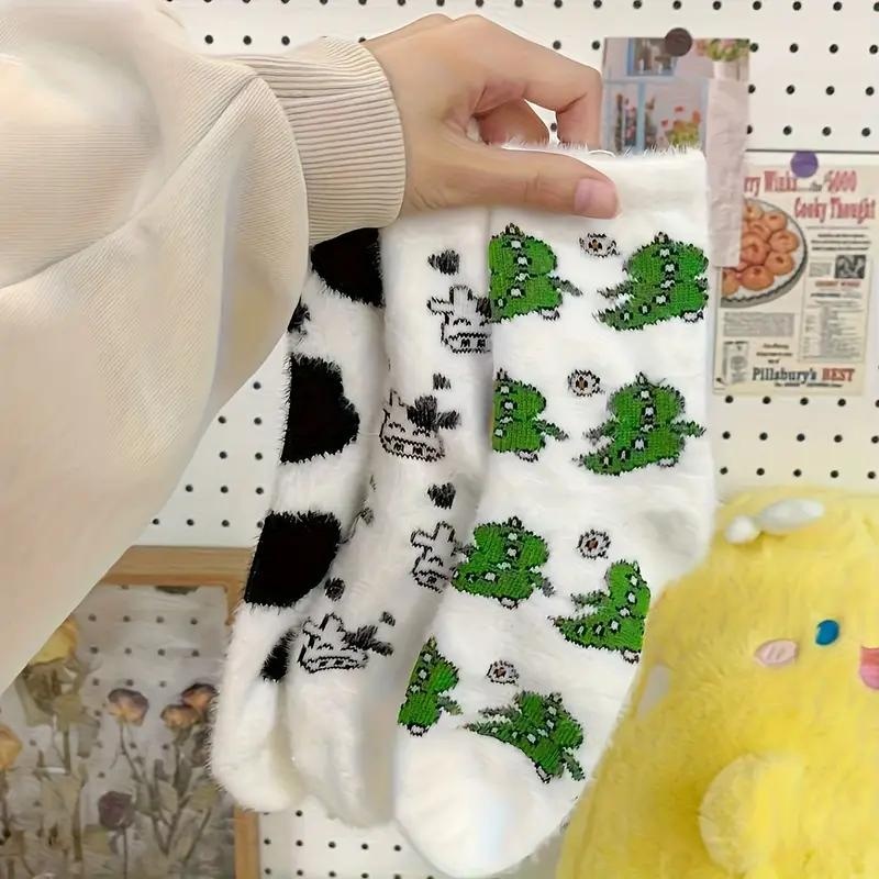 Image of 3 Pairs Non-shedding Warm Plush Socks - Soft Fluffy Cow & Dinosaur Patterns, Cute Cow & Floor Socks Suitable For Home, Bedroom, Gifts, Machine Washable, Durable Fade-resistant Random Colors