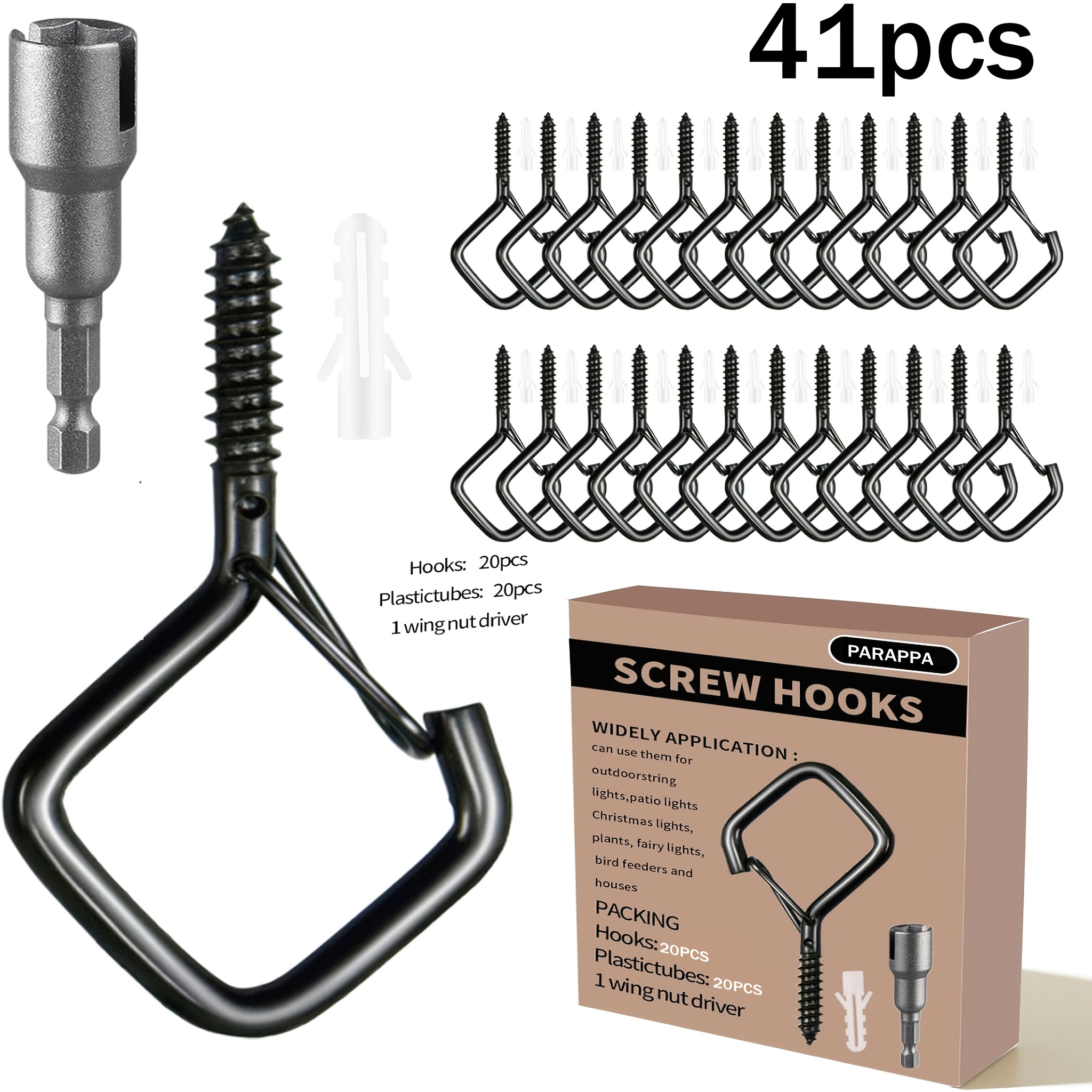 TEMU 41pcs Heavy-duty Iron Screw Hooks With Safety Buckles, Designed For Installing String Lights On Walls, Perfect For Outdoor And Gardens. Durable