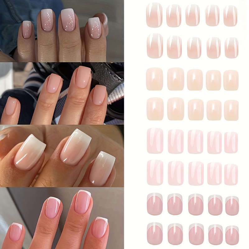 TEMU 96pcs French Ombre -on Nails Set - Short , Glossy Jelly Adhesive & File Included