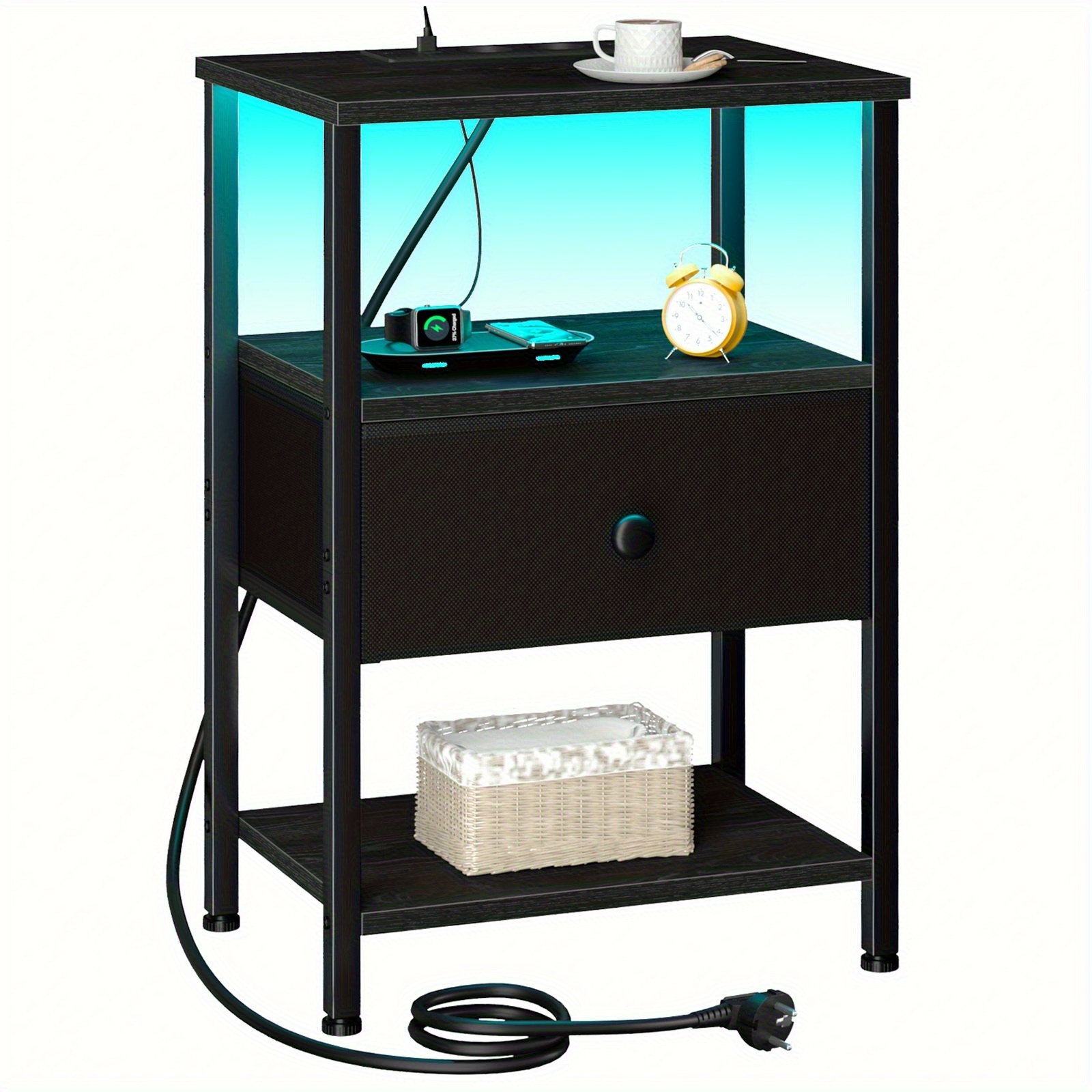 Image of Amhancible 1pc Bedside Table With 1 Fabric Drawer With Led Lighting, Charging Station Side Table For Bedroom, Living Room, Hallway, Easy Assembly