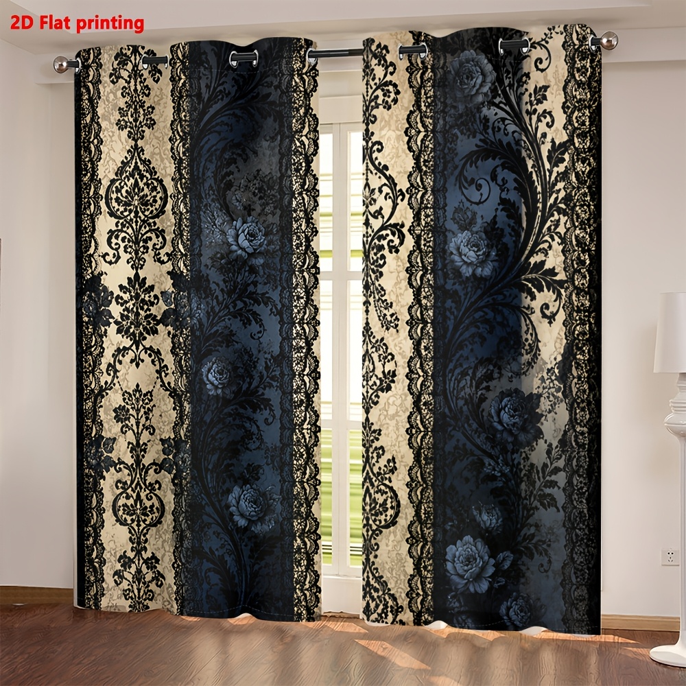 Image of 2d Flat - 2d Flat 2pcs Curtains, Damask Pattern, Elegant Lace Trim, Vintage Floral Print, Privacy Protection, Digital Printing, Living Room, Bedroom, Study, Home Decoration