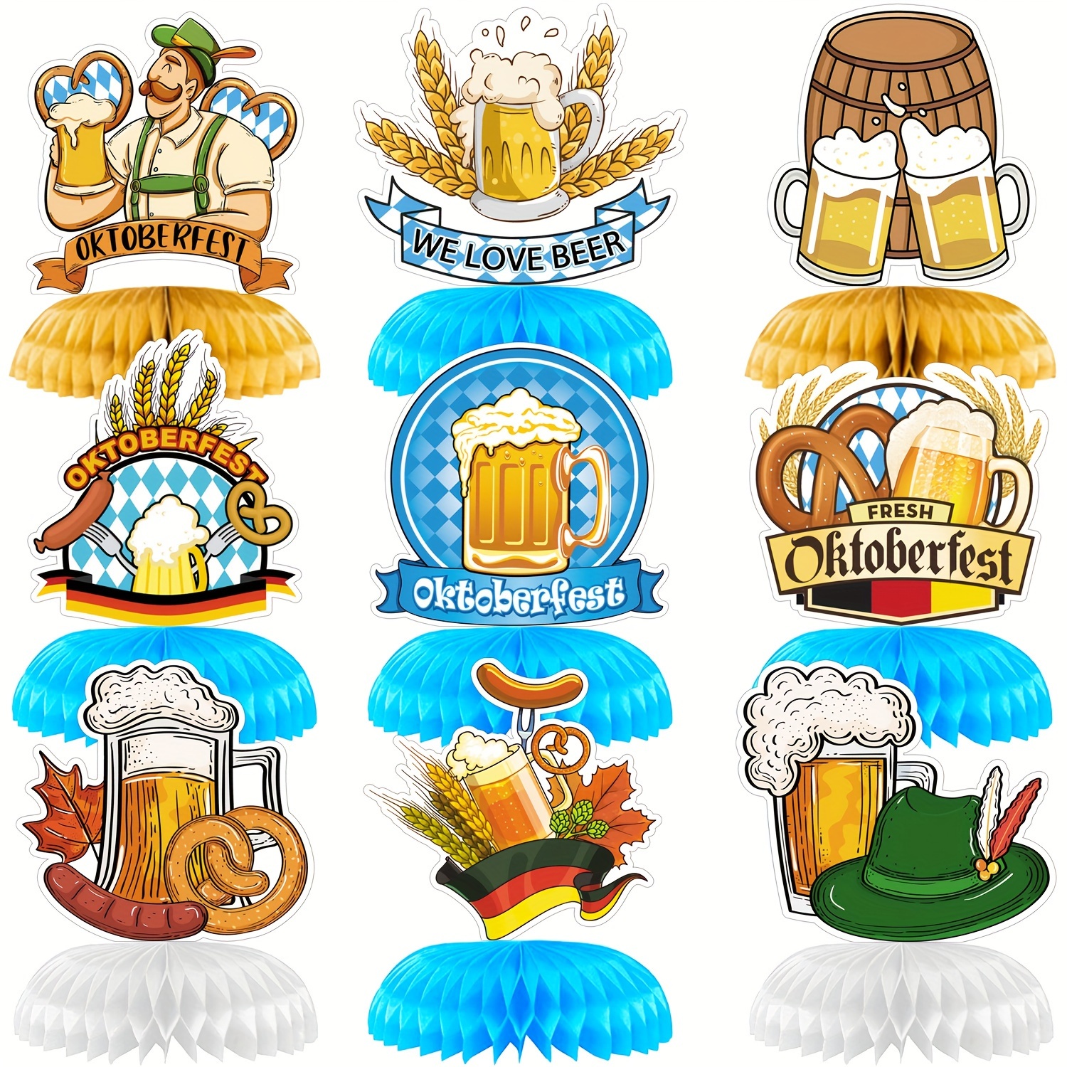 Oktoberfest Honeycomb Centerpieces - 9pcs Set, Beer Festival Paper Table Decorations, 3d German Themed Party Supplies For Carnivals & Oktoberfest Celebrations, No Electricity Needed