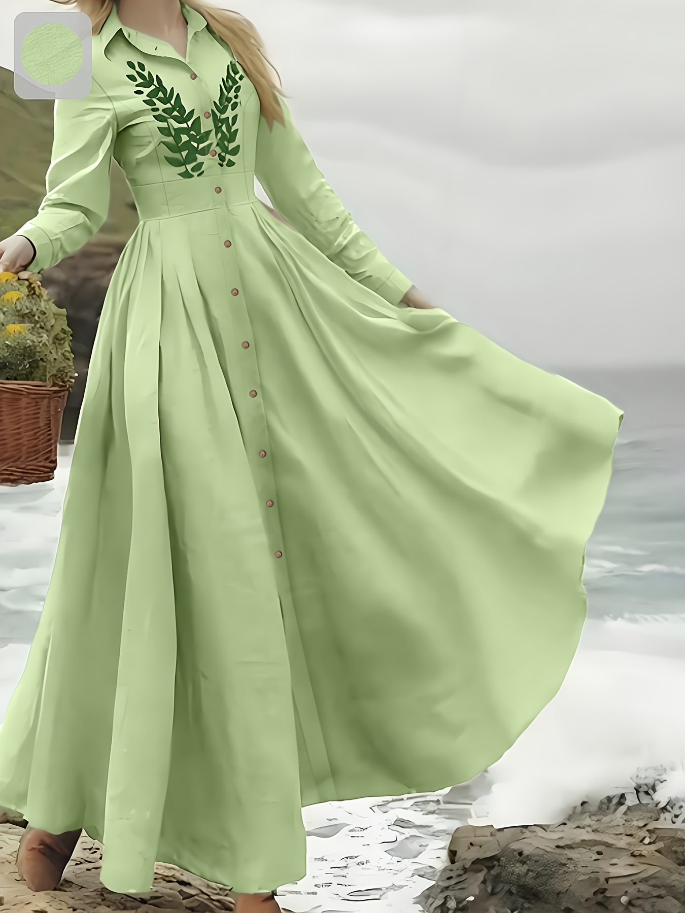 womens spring green shirt collar maxi dress - Temu Oman