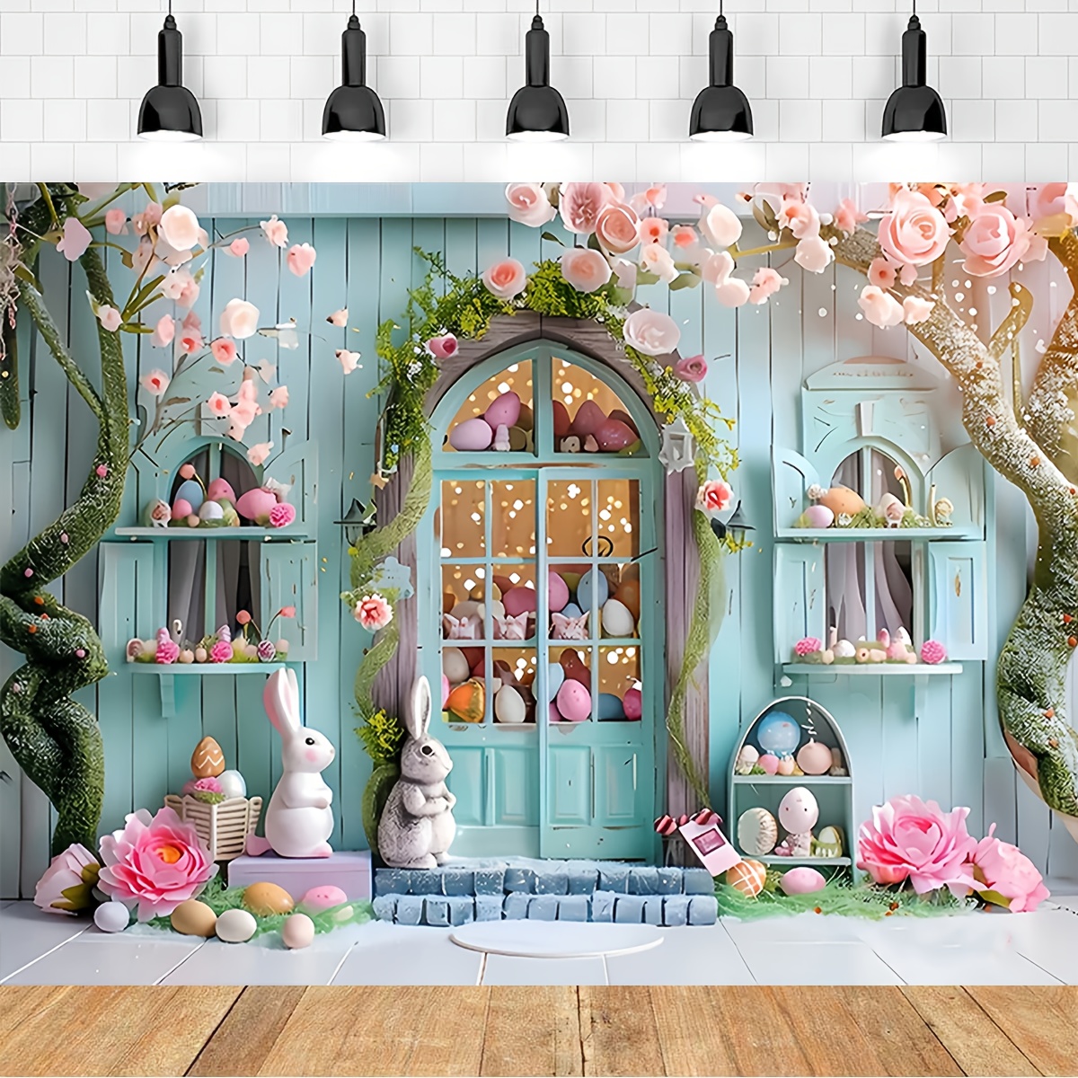 

Spring Theme Photography Backdrops Flowers Wooden Floor Rabbit Bunny Eggs Baby Photo Background Kids Baby Shower Party Dessert Cake Table Props