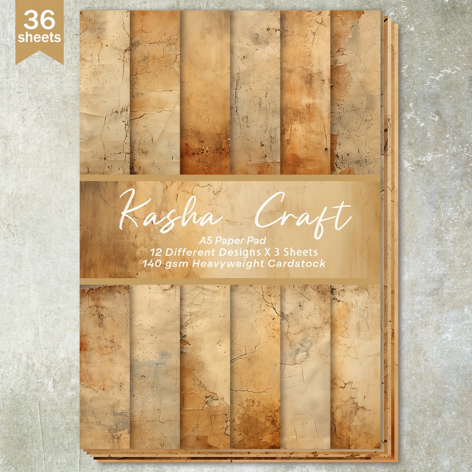 

36 Sheets A5 Vintage Distressed Yellow-brown Craft Paper - 140 Gsm Heavyweight Cardstock For Bullet Journals, Scrapbooking, Greeting Cards, And Diy Projects, Scrapbooking Paper