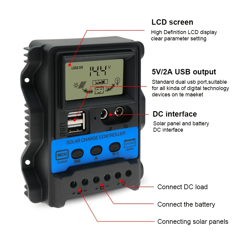 item picture solar controller 12v 24v lcd display battery intelligent regulator dual usb for lead acid lithium battery without battery