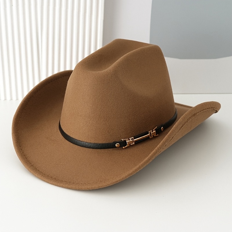 TEMU Popular Western Cowboy Hat For Women, Formal Hat With Belt, Metal Rivets, And Square For Themed Parties
