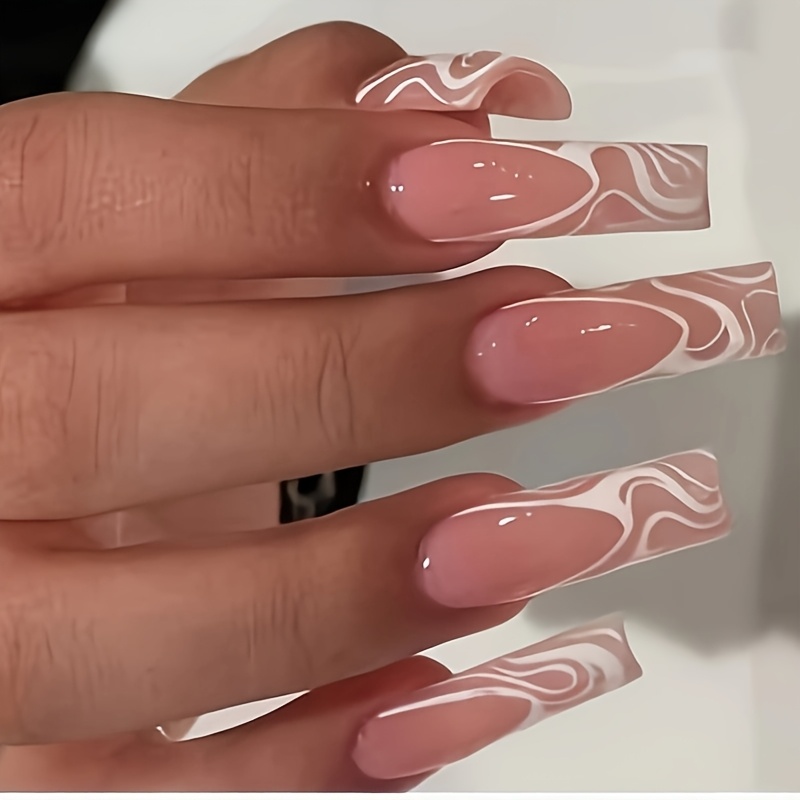 TEMU 24pcs Long Square Press-on Nails, Nude Pink Base With White Swirl Ripple Fake Nails, Extra-long Ballet Nails With Abstract , Suitable For Women'