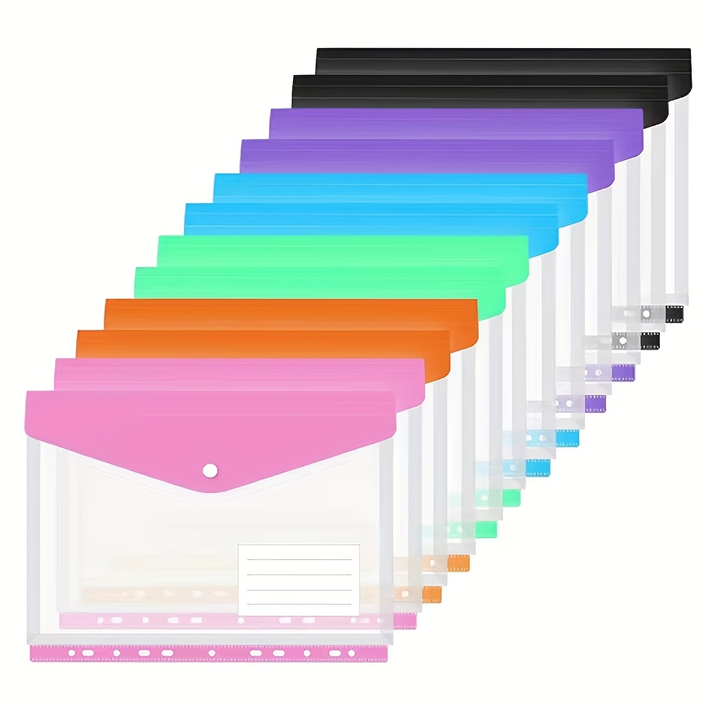 Image of 12 A4 Binder Pocket Plastic Envelopes, Binder Folders, 11 Hole Expand Binder Folders, 6 Color Stereoscopic Transparent File Bags With Record Labels, Suitable For Office, School And Home