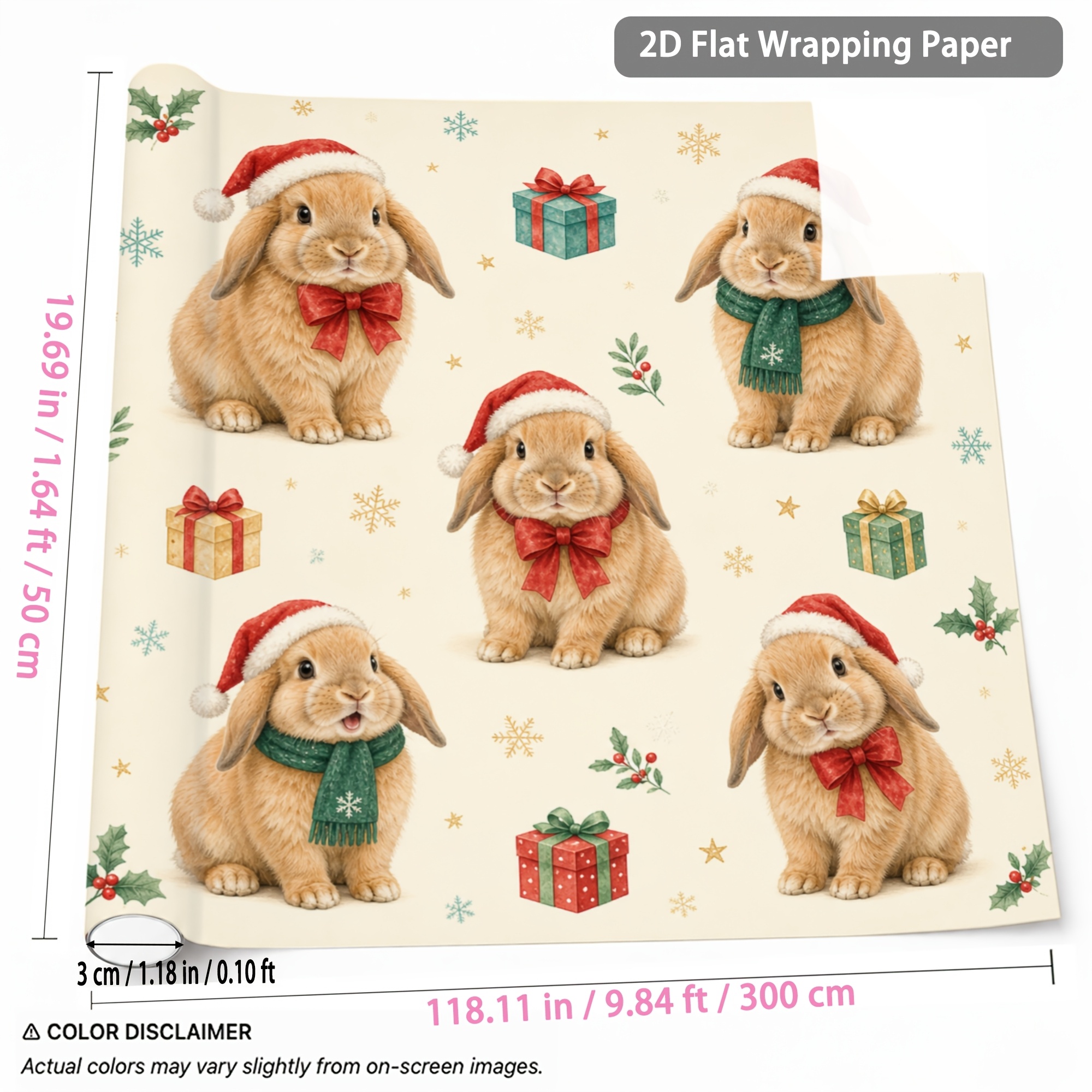 TEMU 1 Rolle Weihnachtsgeschenkpapier, geeignet zum Geschenke verpacken – & satte Farben (,,) mit Hasen- & Geschenkbox-Muster, einseitiger Druck für