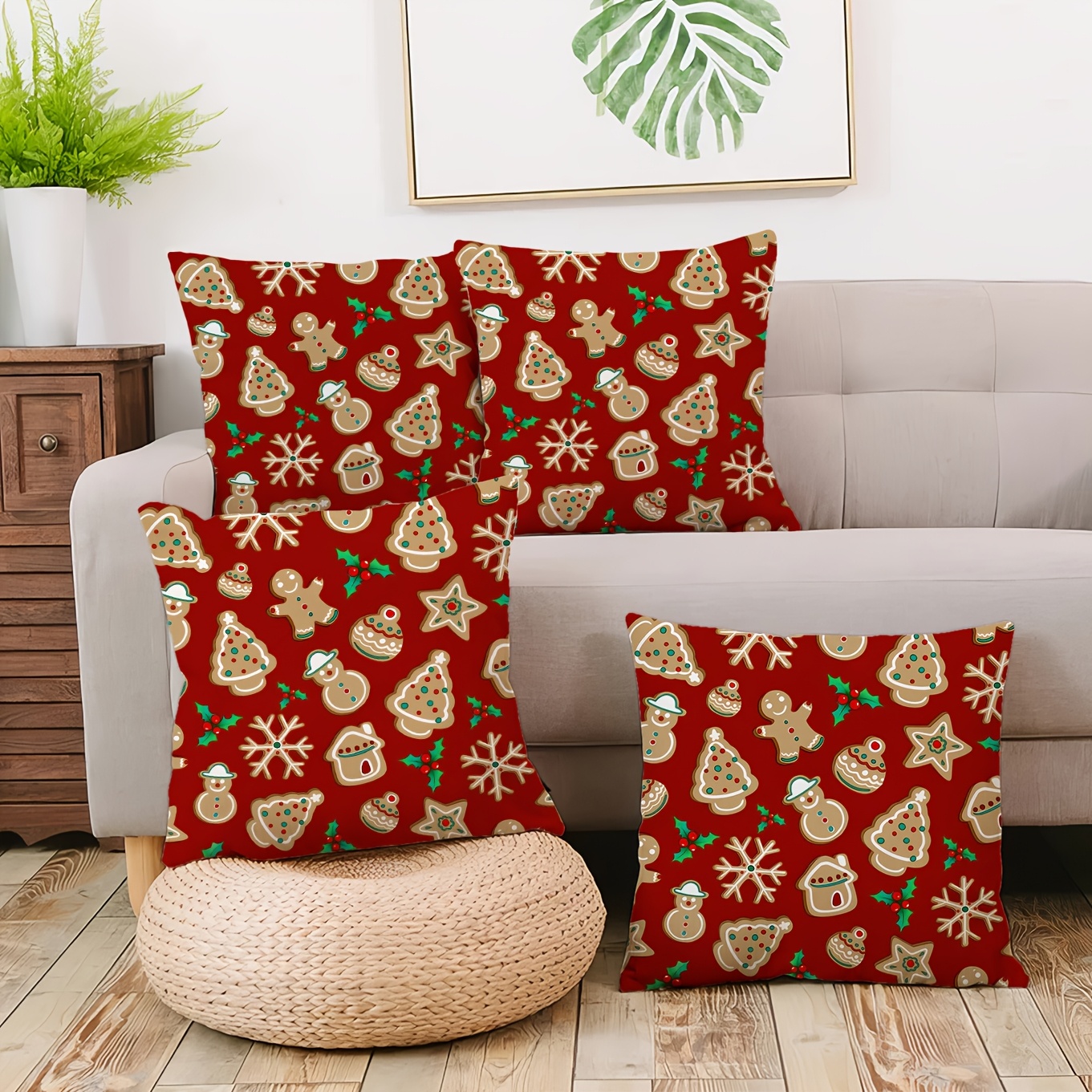 

2pcs Red Gingerbread For Man Christmas Throw Pillow Covers, 18x18 Inch - Soft Short Plush, Zip Closure, Machine Washable For Decor