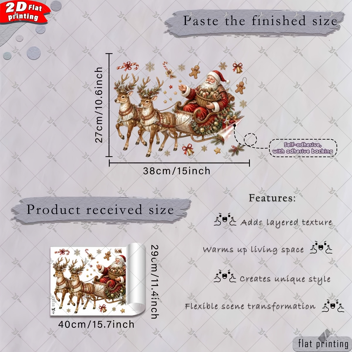 TEMU 2d Flat, 1pc 2d Flat Printed Christmas Santa Claus Sleigh Reindeer Gift Gingerbread For Man Candy Cane Snowflake Window Clings Diy Self-adhesive