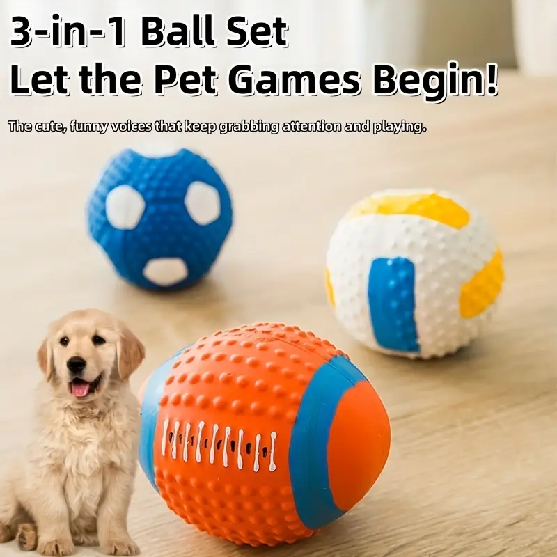 dog squeaky ball set of three rugby football volleyball toys chew resistant for details 2