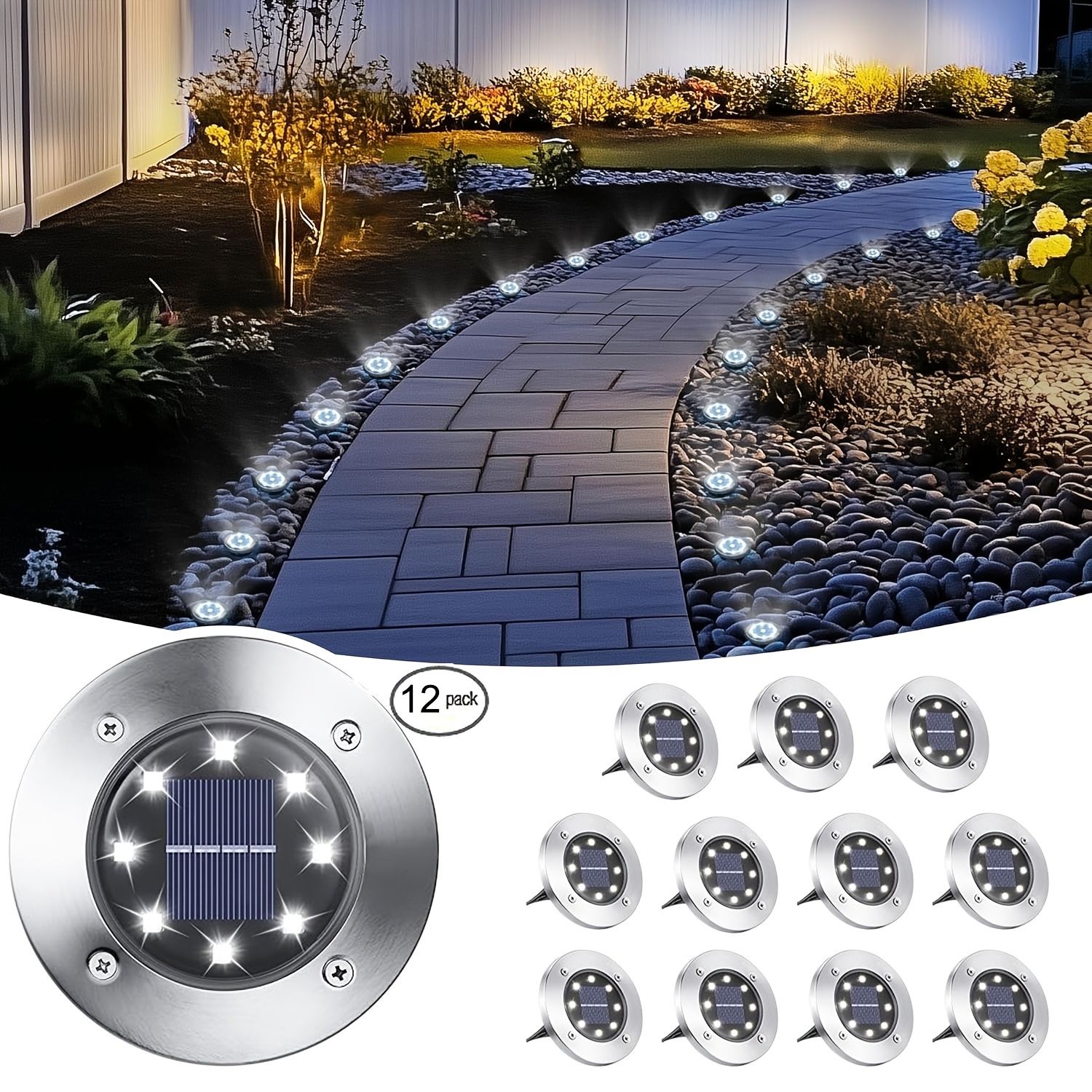 TEMU 8/12pcs Outdoor Solar Ground Light, 8 Led Ground Light Solar Outdoor Light Ip44 Landscape Solar Garden Light For , Courtyards, Lawns, Driveway