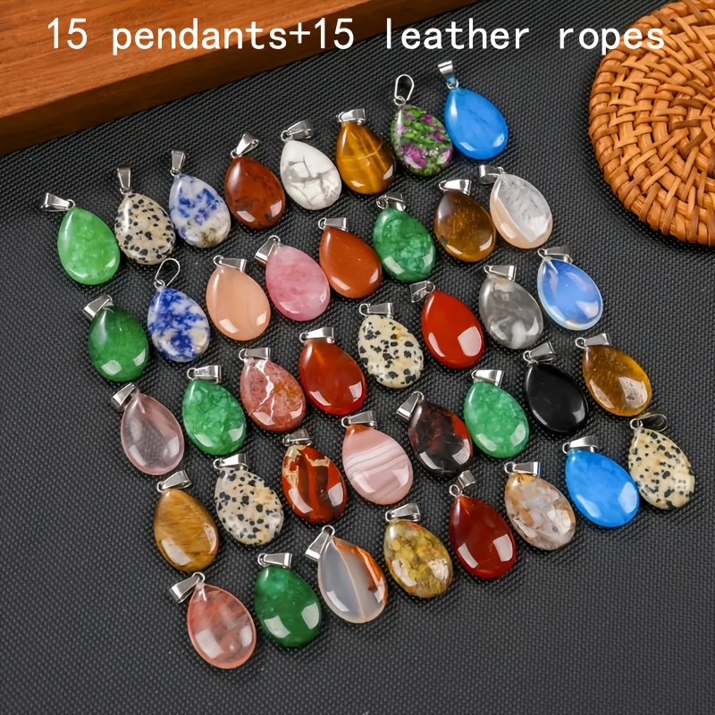 Image of 30pcs Set Of Natural Stone Easy Flat Teardrop Fashion Pendant Jewelry Making Necklace Suitable For Daily Wear Holiday Gift Home Decoration (15pcs Pendants And 15pcs Chains)