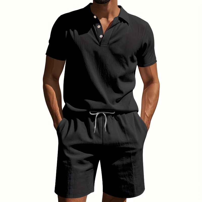 Men's Linen Short Sleeve Shorts Set, Summer Outdoor Sports Casual Breathable Short Sleeve Shirt with Shorts