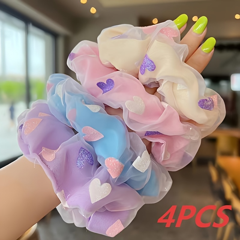 TEMU 4pcs Set Fashion Heart Print Double-layer Organza High-end Large Hair Tie Versatile Hair Accessory