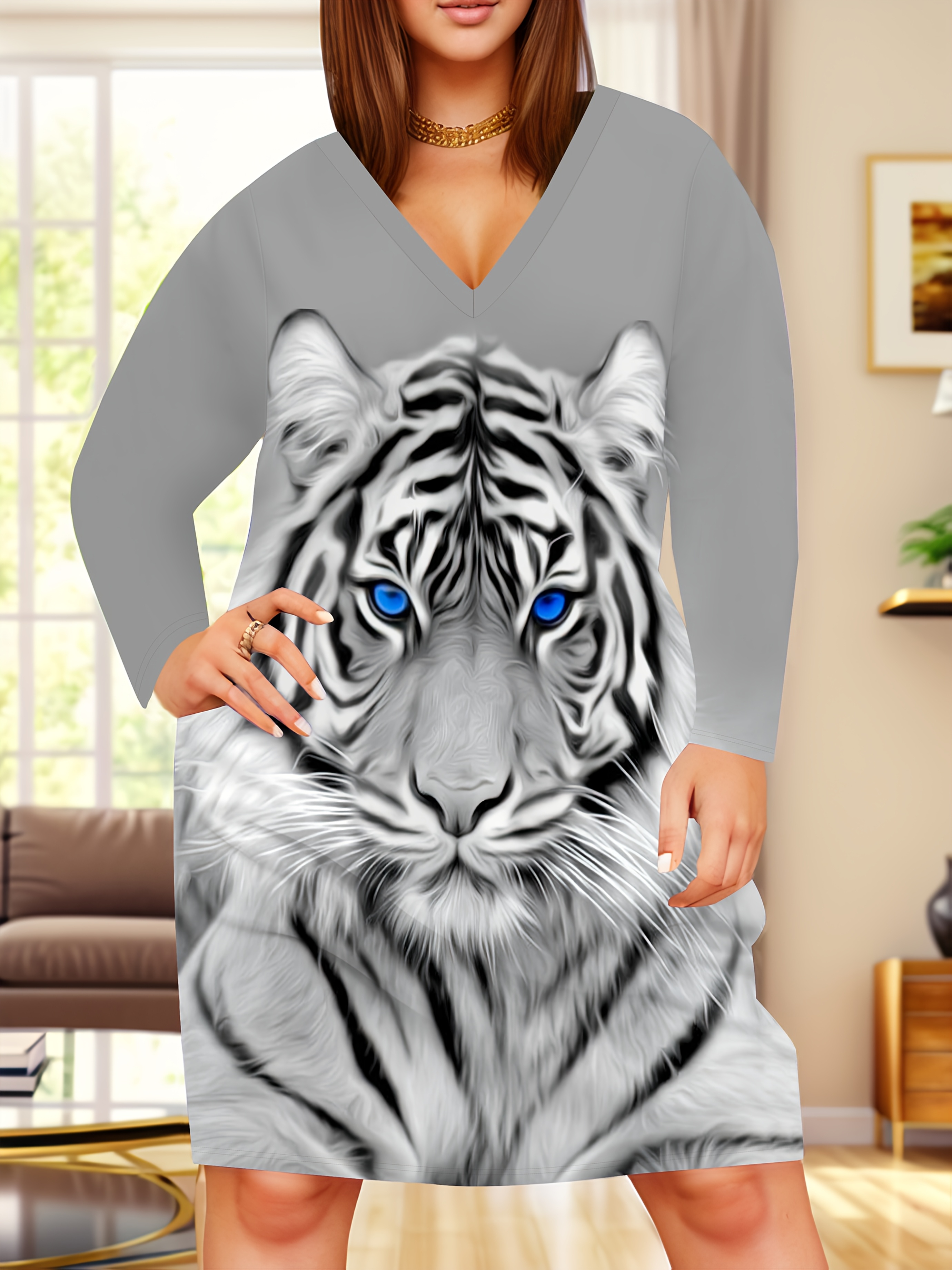 knee length dresses for ladies Khaki Printed Tiger Stripe Colorblock Bishop Sleeve Mini Dress main image 1