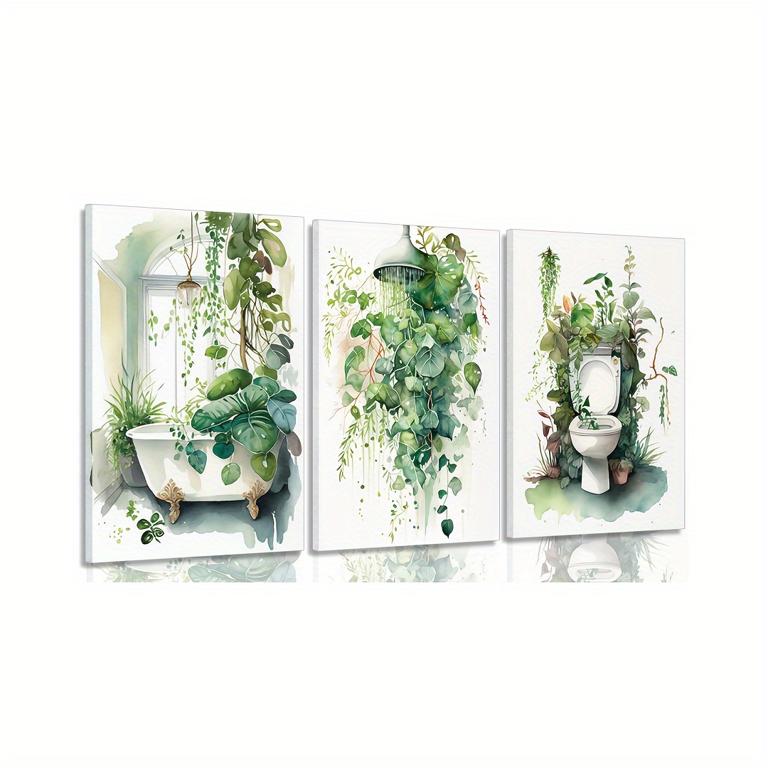 

3-piece Botanical Bathroom Wall Art Set, Sage Green Leaves & Tropical Plants Canvas Prints With Wooden Frame, Funny Home Bathroom Decor Posters
