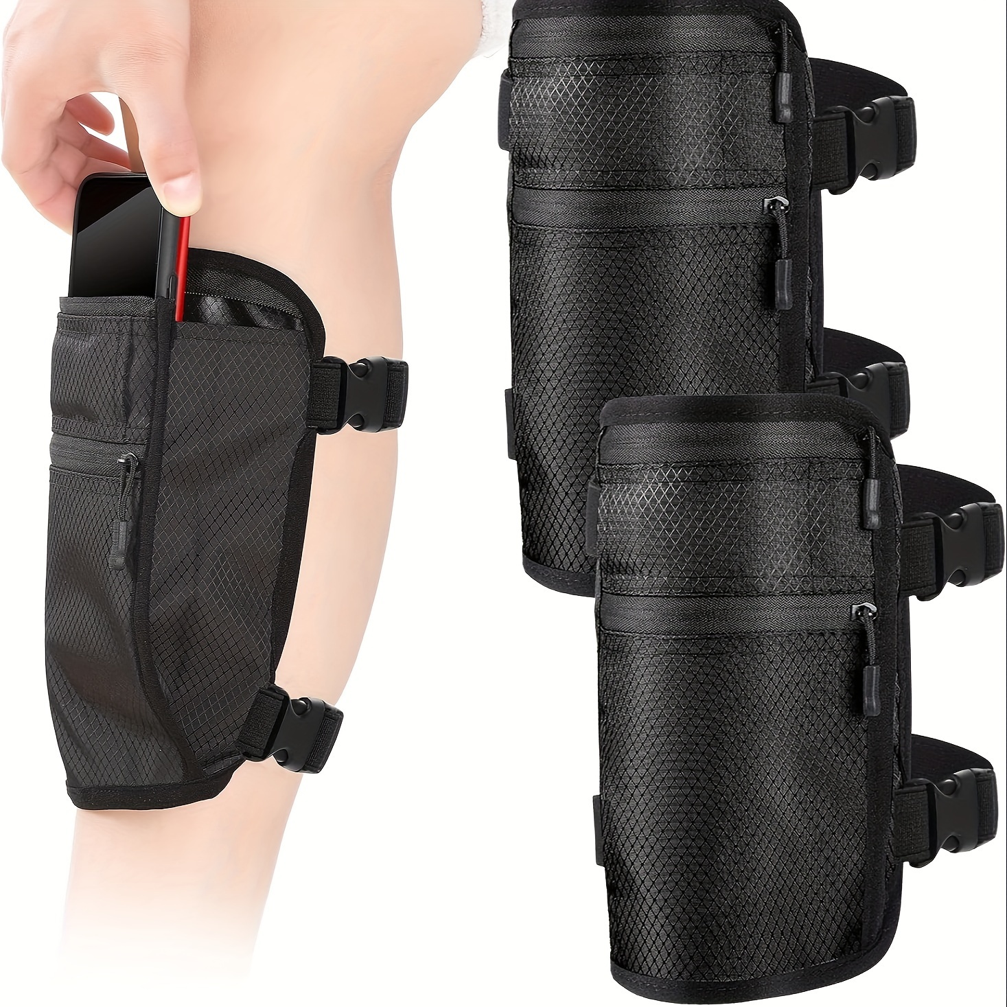 Image of 2pcs Set Outdoor Running Sports Leg Bag Large Capacity Travel Hidden Arm Bag Adjustable Shoulder Strap Phone Holder Sports Storage Bag Men Women Cycling Double Zipper Leg Credit Card Passport Bag