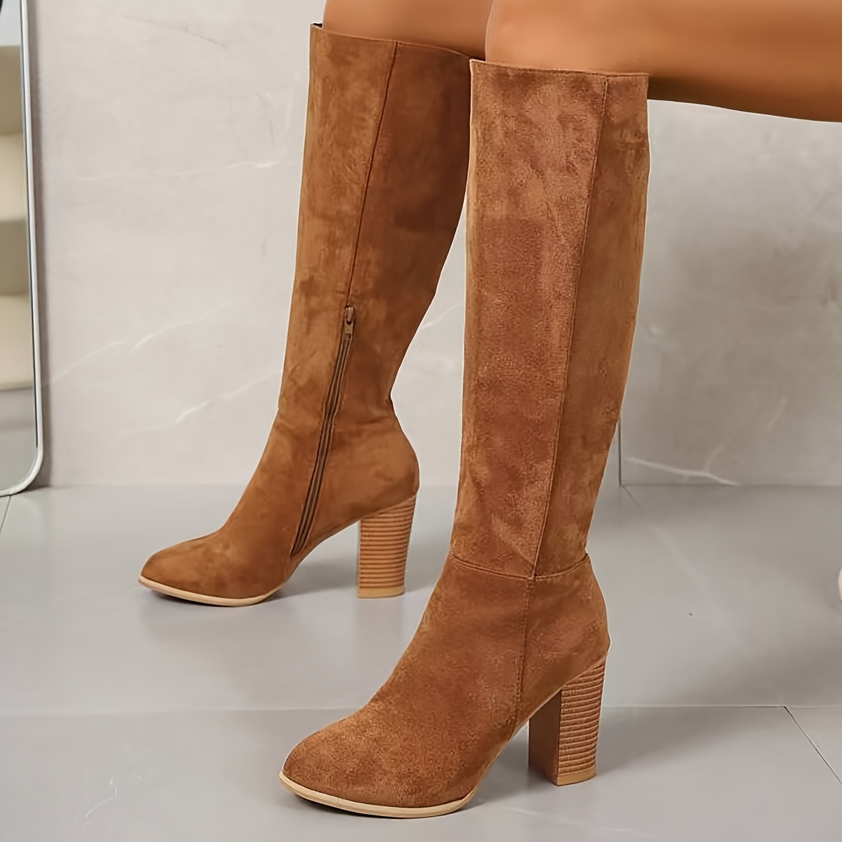 Knee High Womens Tan Booties FYNN Boots Truffle Suede Knee-High
