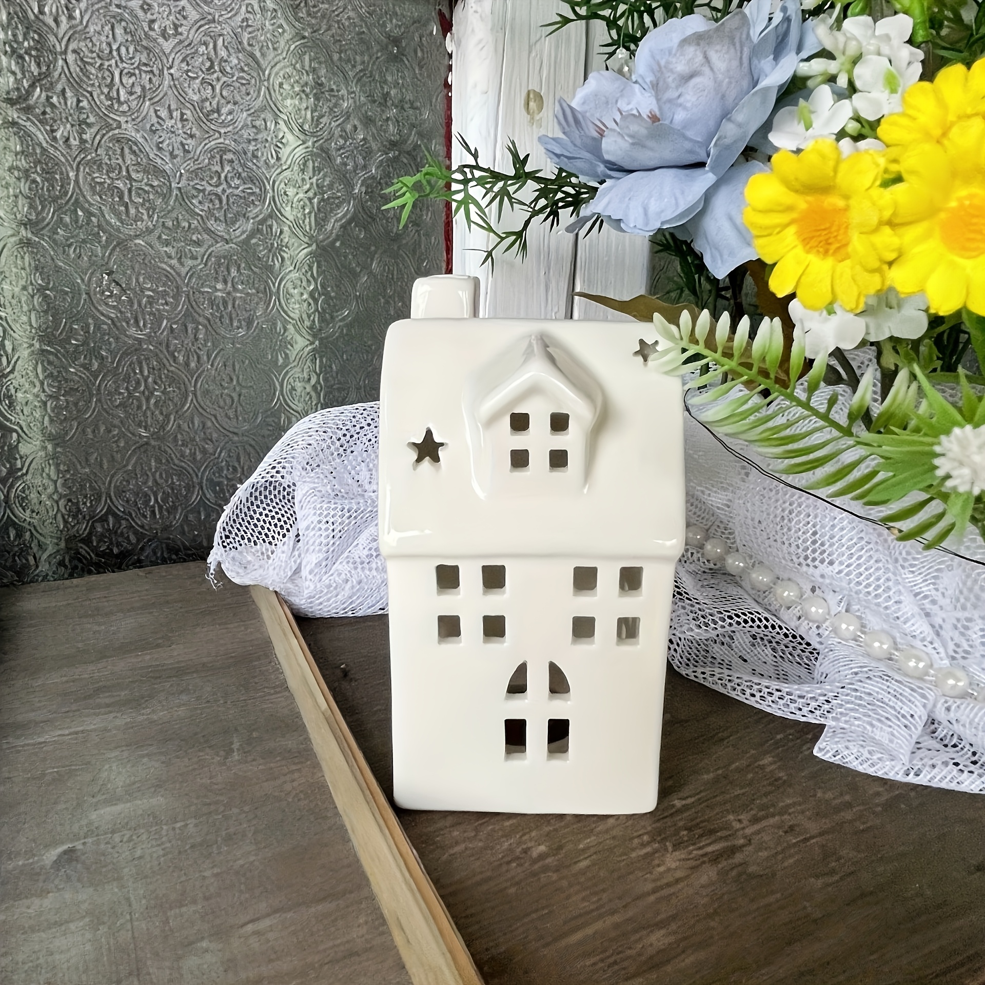 TEMU A White Ceramic Cottage Ornament Featuring Star-shaped Cutout Windows, This Creative Christmas House Decoration Serves As A Hollow Night Light