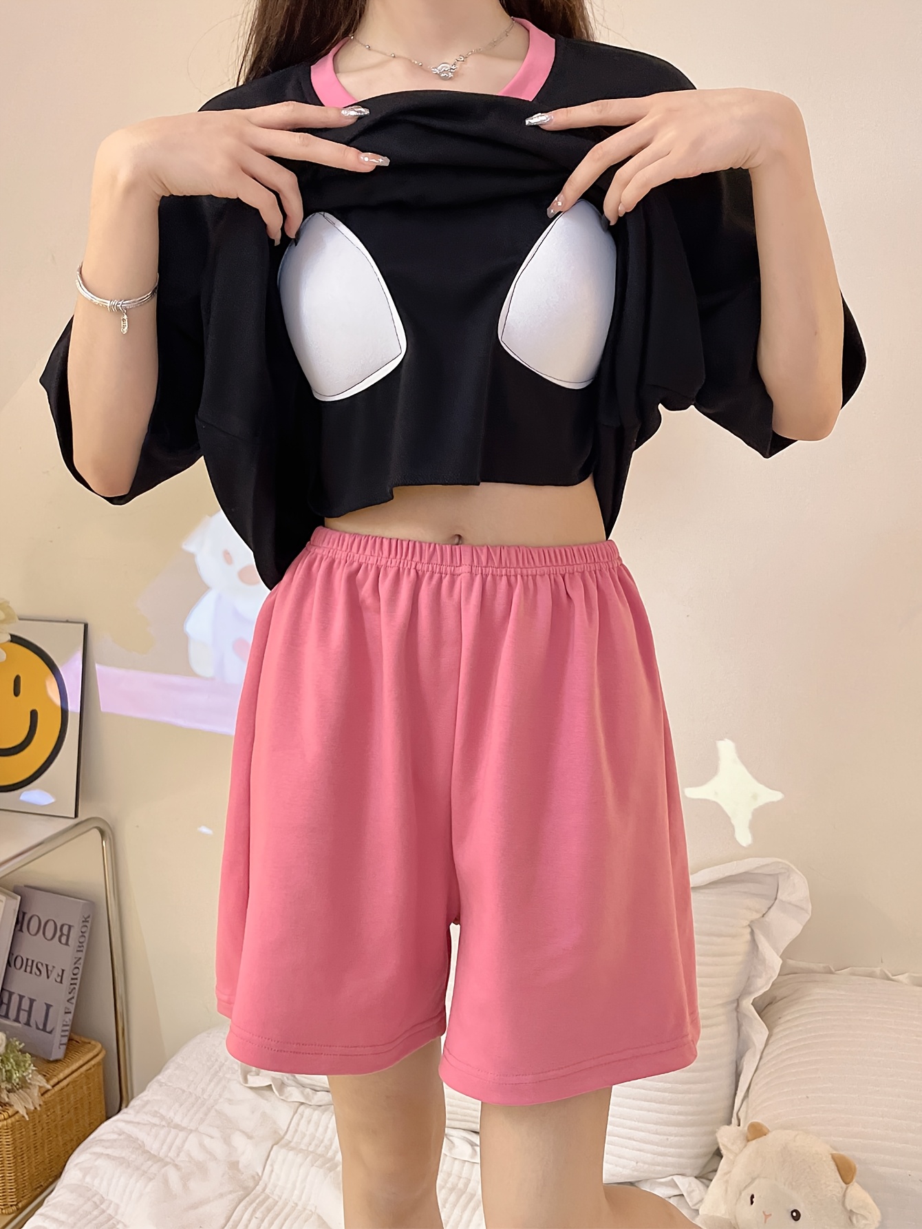 cartoon letter print women's pajamas built in bra summer Temu