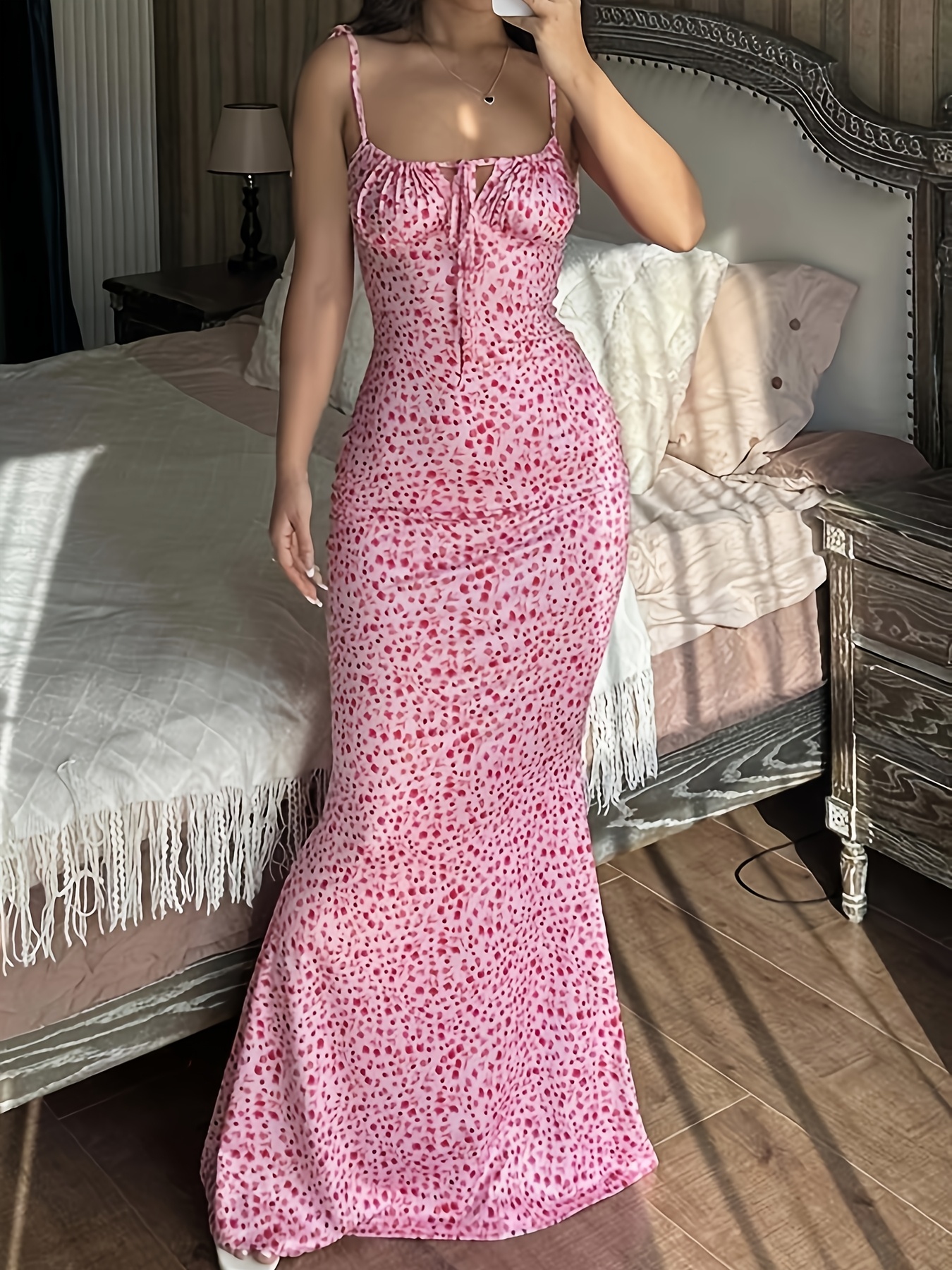 Floral Print Spaghetti Strap Maxi Dress with Self-Tie Straps and Fishtail Cut, Adjustable Neckline and Fit, Elegant Summer Dress