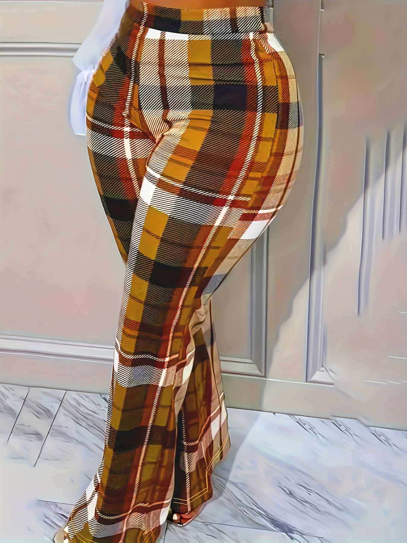 Plus Size Plaid Print Pants, Casual Flared Leg Pants For Spring Summer,  Women's Plus Size Clothing