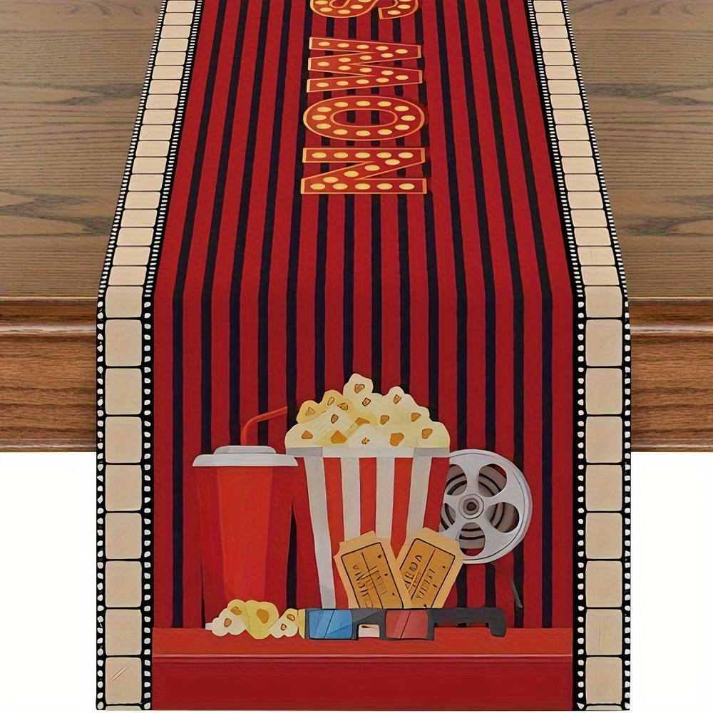 

1pc, Table Runner, Movie Night Polyester Table Runner, Now Showing Theme Dining Decor, Home Kitchen Party Decoration, Fade Resistant And Wipe Clean, Ideal For 4-6 Person