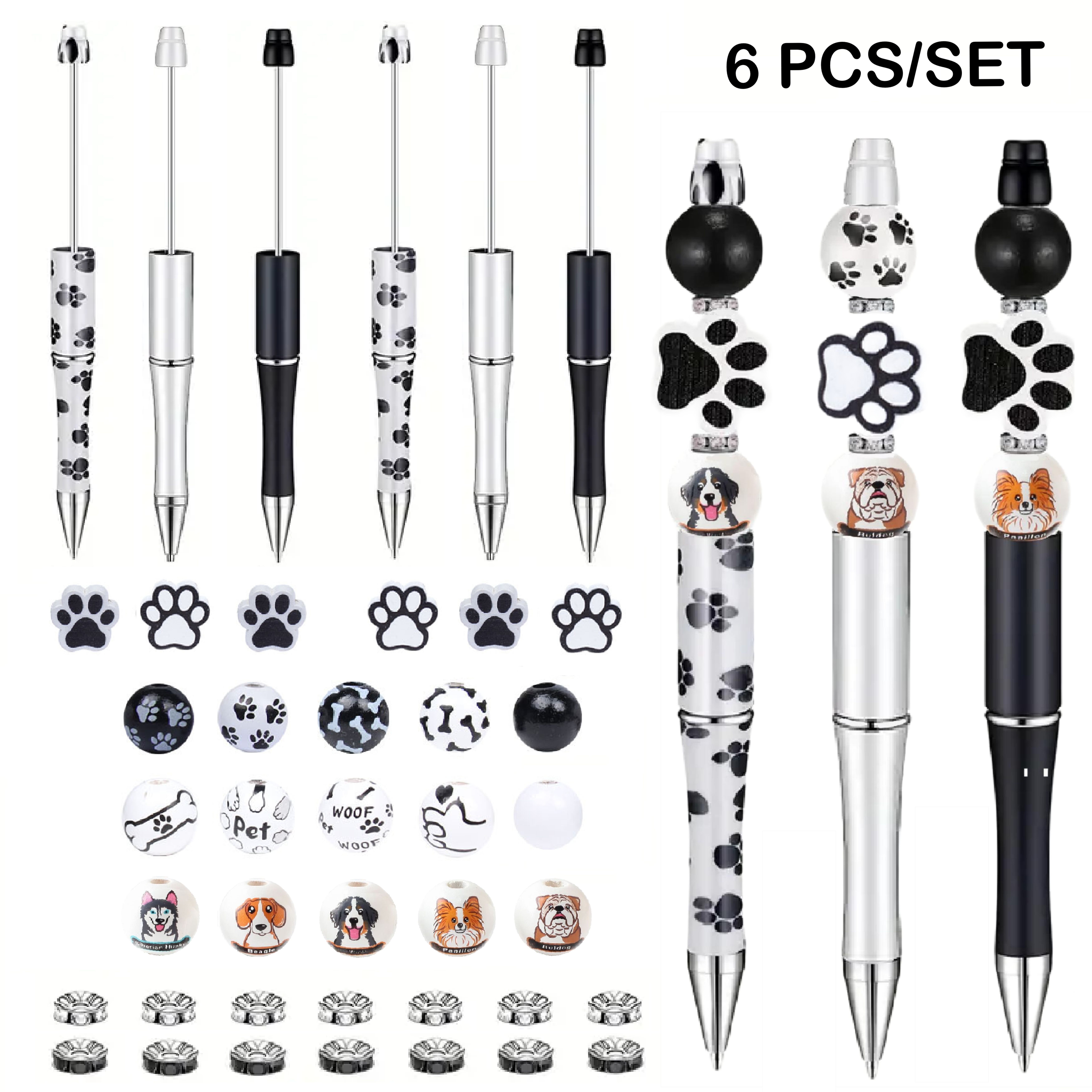 

6pcs Diy Black Ink Cute White Black Wooden Beads Cute Colorful Dog With Crystal Spacer Beads Ballpoint Pen, Very Suitable As A Gift For Family And Friends, Classroom, School Office Supplies.